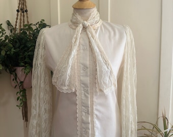 1970’s Gunne Sax Lace Bishop Sleeve + Muslin Bodice Long Sleeve Button Up Cream Blouse