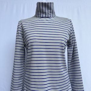 1970&#39;s ‘The Young Look by Frank Lee of California’ Deadstock Blue and White Striped Turtleneck Tunic Long Sleeve Shirt