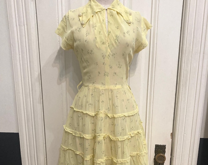 Vintage 30's 40's Sheer Yellow Floral Print Midi Dress with Tiered Ruffle Trim and Lucite Button Collar | size XS