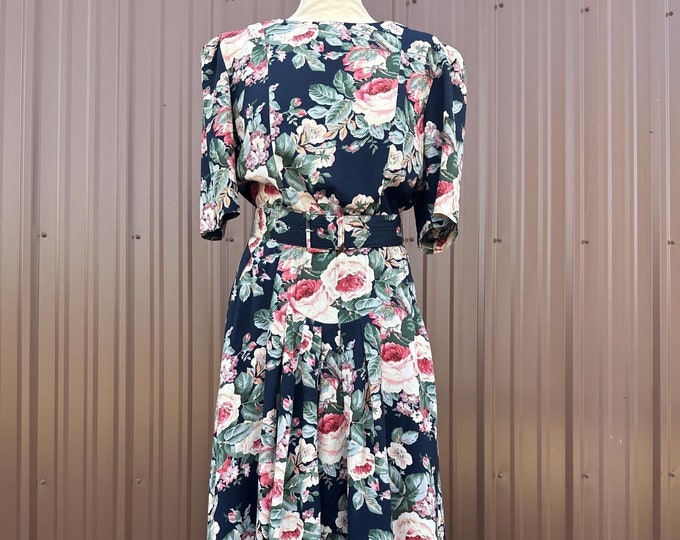 Vintage ‘E.D. Michaels by Melanie Drucker’ Navy and Pink Floral Rose Print Half Sleeve Belted Rayon Midi Dress