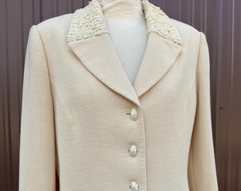 Vintage 1980's Albert Nipon Cream Fitted Jacket with Ruffle Lace Beaded Notched Collar