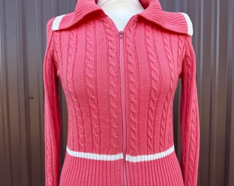 60’s/70’s Pink Long Sleeve Zip Up Cable Knit Preppy Mod Cardigan Sweater