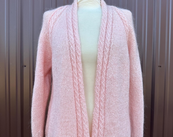 Vintage Handknit Baby Pink Draped Open Front Cardigan Knit Sweater