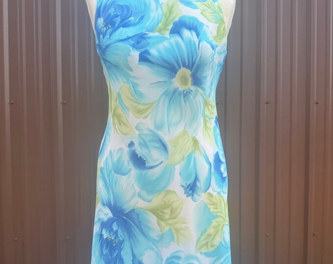 90’s ‘Ronni Nicole’ Blue Watercolor Floral Print Sleeveless Bias Cut Slip Dress | size xs/small