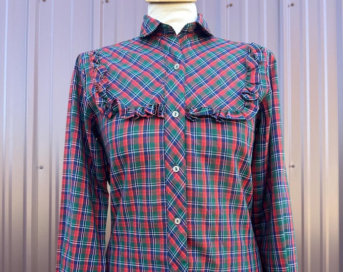 Vintage ‘Sheplers’ Country Western Lightweight Red and Green Plaid Button Up with Ruffle Detail