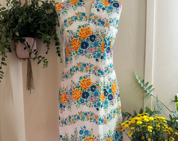 Vintage 60's 70's Bright Floral Print Sleeveless Tiki Dress by 'Alice Polynesian Fashions'