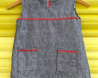 Vintage Handmade Sleeveless Denim Baby Girl Dress with Red Ric Rac Trim | size 12 months