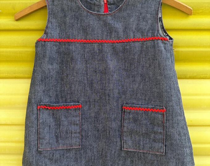 Vintage Handmade Sleeveless Denim Baby Girl Dress with Red Ric Rac Trim | size 12 months