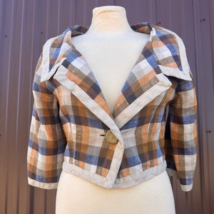 1960&#39;s Mod Orange and Blue Plaid Lightweight Cropped Collared Blazer - Small