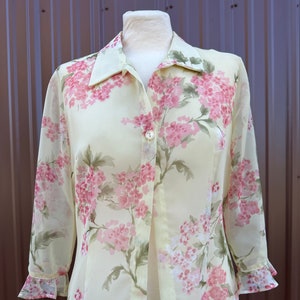 1990’s Pale Yellow with Pink Floral Print Sheer Single Button Collared Blouse by &#39;Positive Attitude&#39;