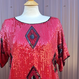 Vintage 70&#39;s 80&#39;s Red Sequin and Beaded Bohemian Indian Silk Blouse | size medium