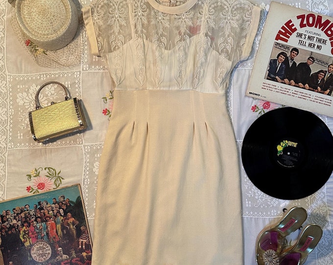 Vintage Handmade Cream Embroidered Lace Pin Up Wiggle Sheath Dress