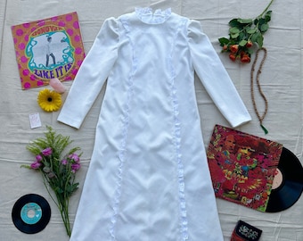 1970's Handmade White Prairie Hippie Long Sleeve Maxi Dress with Lace Ruffle Trim
