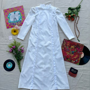 1970&#39;s Handmade White Prairie Hippie Long Sleeve Maxi Dress with Lace Ruffle Trim