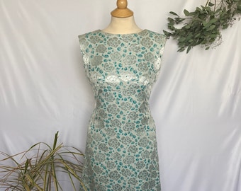Vintage Handmade Metallic Silver and Teal Floral Brocade Sleeveless A-Line Dress