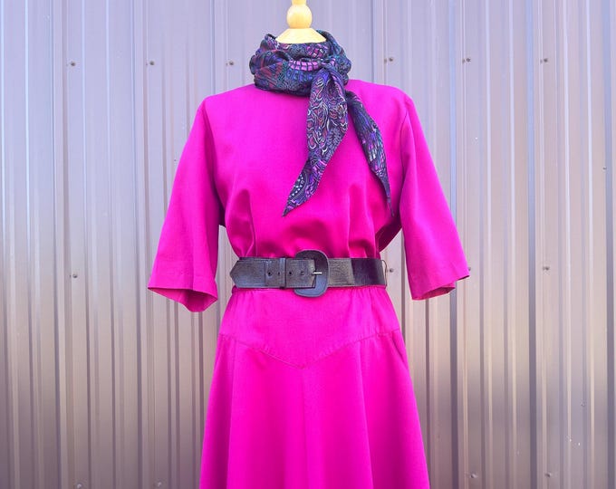 Vintage 1970's 80's Fuchsia Fit and Flare Dress with Scarf and Belt by S.L. Fashions | size x-large