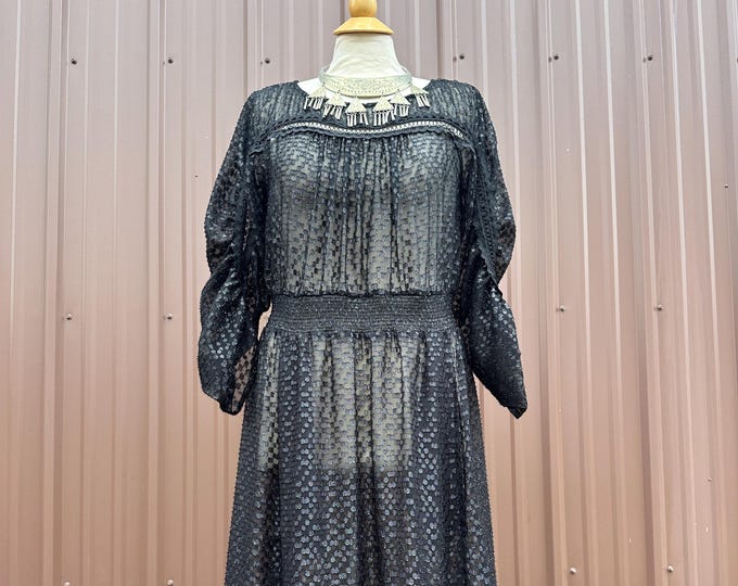 Vintage Handmade Sheer Metallic Black Bohemian Midi Dress with Ric Rac Ribbon Trim