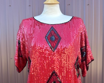 Vintage 70's 80's Red Sequin and Beaded Bohemian Indian Silk Blouse | size medium
