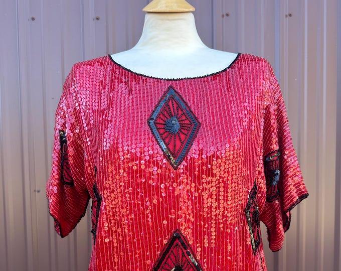 Vintage 70's 80's Red Sequin and Beaded Bohemian Indian Silk Blouse | size medium