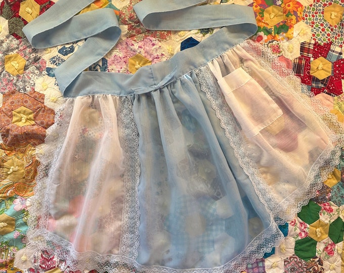 Vintage Sheer Baby Blue and White Delicate Pinup Cottagecore Lace Trim Apron