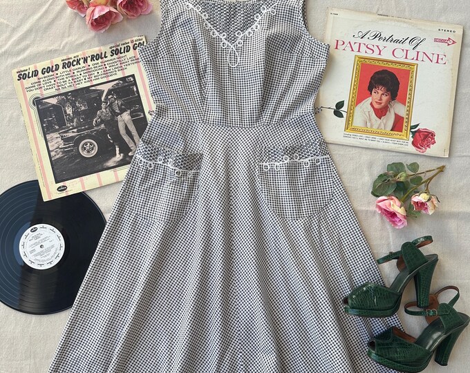 1960's 'Penny's Brentwood' Cotton Gingham Sleeveless Fit and Flare Dress with Pockets