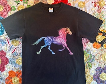 Vintage Novelty Graphic Print Galloping Psychedelic Rainbow Horse T-Shirt