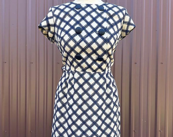 Vintage 60's Navy and White Diamond Plaid Short Sleeve Pin Up Wiggle Dress