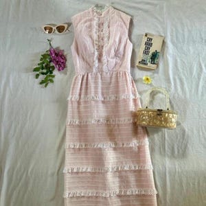 Vintage 70&#39;s Romantic Pale Pink Lace Trimmed Sleeveless Maxi Dress | size xxs/xs