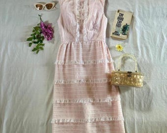 Vintage 70's Romantic Pale Pink Lace Trimmed Sleeveless Maxi Dress | size xxs/xs