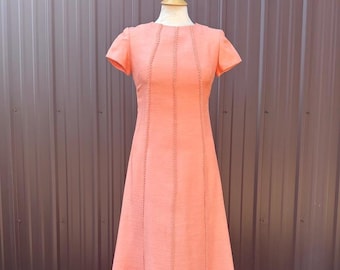 Vintage 60's 70's Handmade Short Sleeve Elegant Coral A-line Maxi Dress with Big Bow Sash | size xs/small