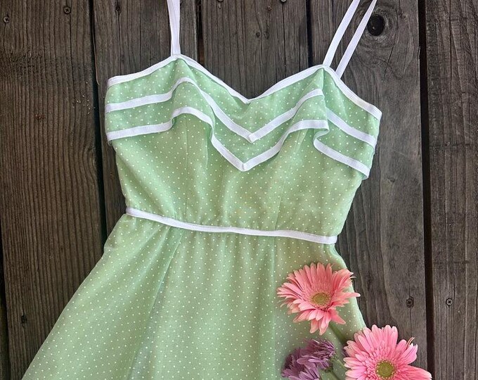Vintage 70's Union Made Pale Green Polka Dot A-line Maxi Sundress | size petite x-small