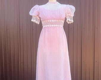 Vintage 60's 70’s Pink Purple Gingham Short Sleeve Prairie Maxi Dress with Daisy Trim by 'Nadine' | size xs/small