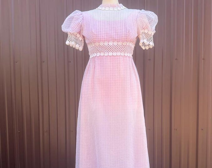 Vintage 60's 70’s Pink Purple Gingham Short Sleeve Prairie Maxi Dress with Daisy Trim by 'Nadine' | size xs/small