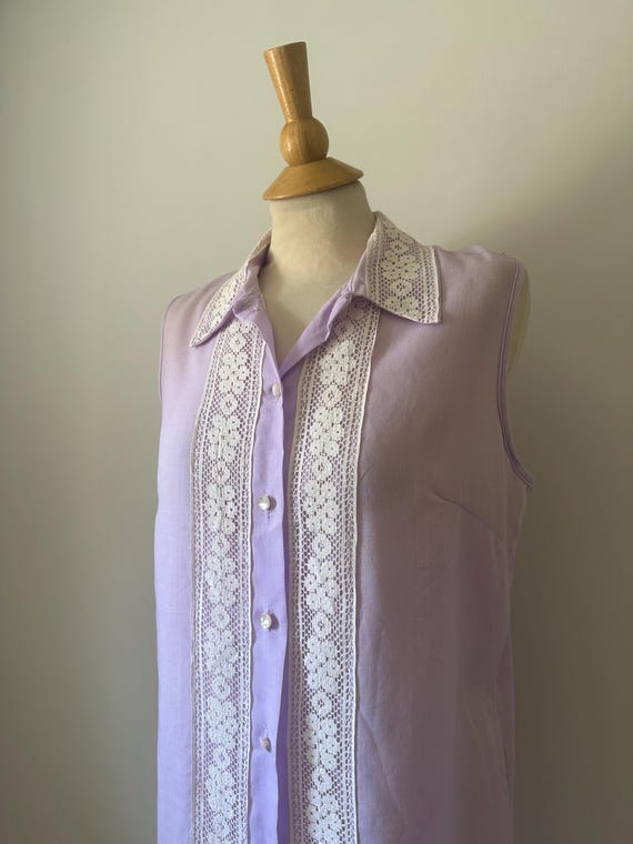 Vintage 1970s NPC Fashions Lavender Lace Trim Shift Dress Collared Mod Dress View 6
