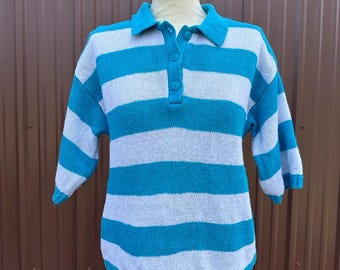 Vintage 70's 80's Blue and White Striped Short Sleeve Cotton Ramie Polo Sweater