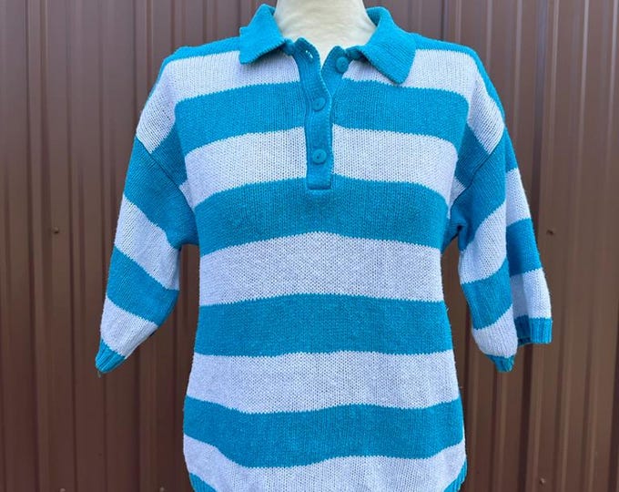 Vintage 70's 80's Blue and White Striped Short Sleeve Cotton Ramie Polo Sweater