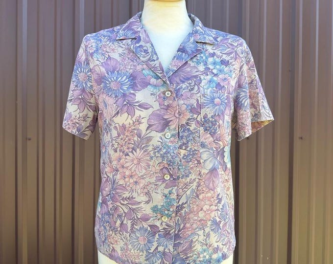 Vintage Handmade Short Sleeve Purple Floral Cotton Voile Collared Button Up Blouse