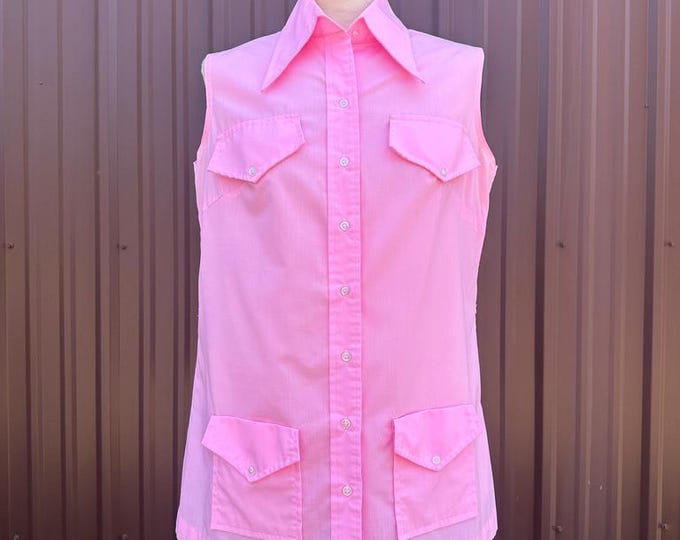 Vintage 70's Pink Sleeveless Button Up Collared Shirt with Pockets | size large