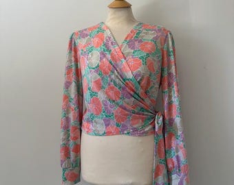 Vintage 70s Act III Floral Wrap Blouse Pastel Knit Tie Waist Top
