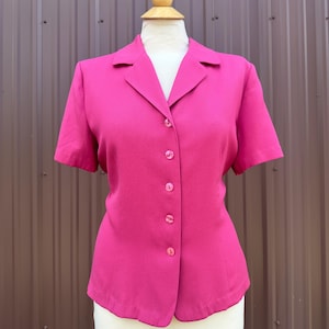Vintage 90&#39;s Pink Rayon Short Sleeve Collared Button Up Blouse
