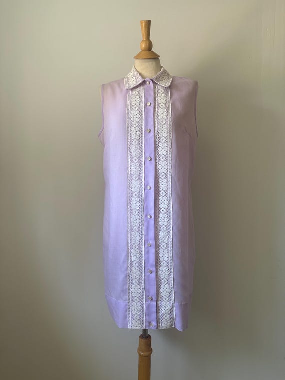 Vintage 1970s NPC Fashions Lavender Lace Trim Shift Dress Collared Mod Dress