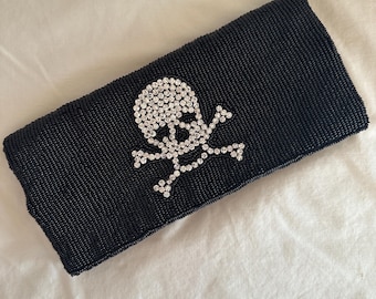 Betsey Johnson Black Beaded Evening Clutch Bag with Rhinestone Skull and Crossbones