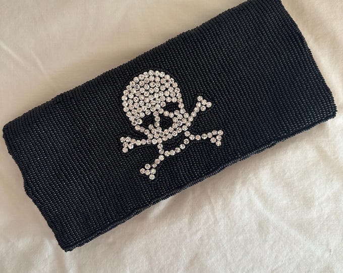 Betsey Johnson Black Beaded Evening Clutch Bag with Rhinestone Skull and Crossbones