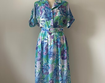Vintage skjortklänning i akvarellfärgad blommig design från 1980-talet från EJM Ltd
