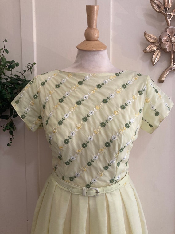 50’s/60’s Pale Yellow Fit and Flare Belted Day Dr… - image 3