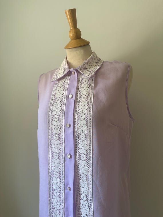 Vintage 1970s NPC Fashions Lavender Lace Trim Shift Dress Collared Mod Dress View 2