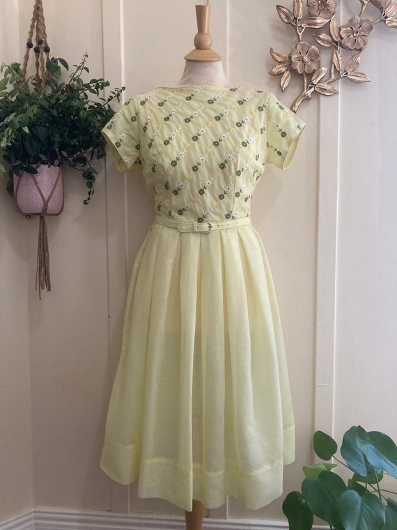 50’s/60’s Pale Yellow Fit and Flare Belted Day Dr… - image 2