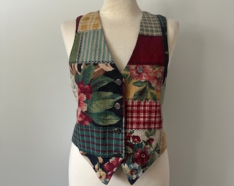 Veste sans manches en patchwork des années 90 | Gilet écossais floral Cottagecore | Petit débardeur vintage boutonné sur le devant