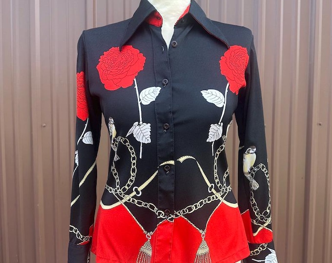 Vintage 70's 80's Black Button Up Novelty Red Rose and Gold Chain Print Blouse