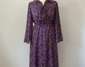 Vintage 1970s Floral Skirt Set by Amy Adams Pink Purple Secretary Blouse & Midi Skirt